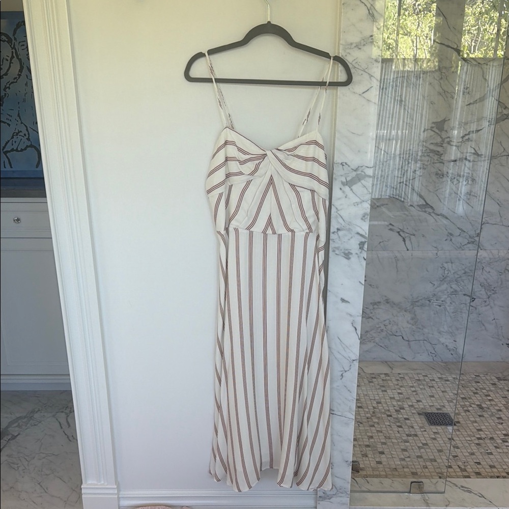 Joie Cream and Tan Striped Spaghetti Strap Midi Dress